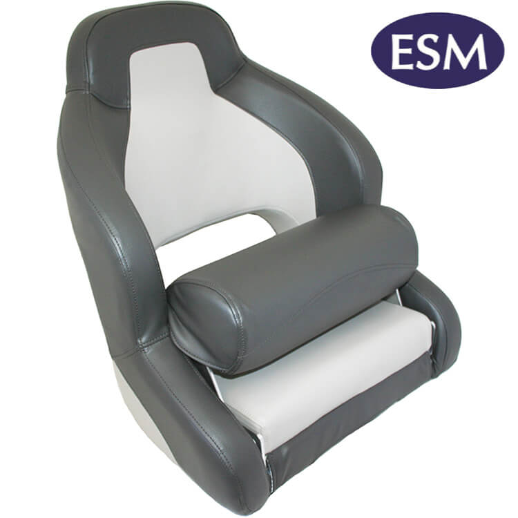 ESM boat seat Admiral compact flip up helmsman boat seat in charcoal and light grey colour - Escaping Outdoors