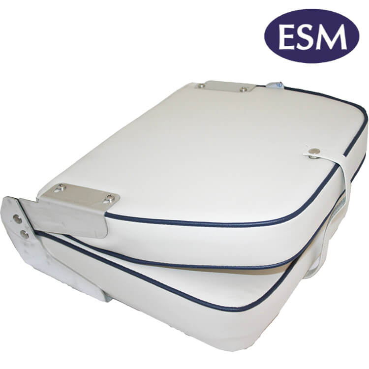 ESM boat seat Ensign folding upholstered boat seat ivory white and blue in folded position - Escaping Outdoors