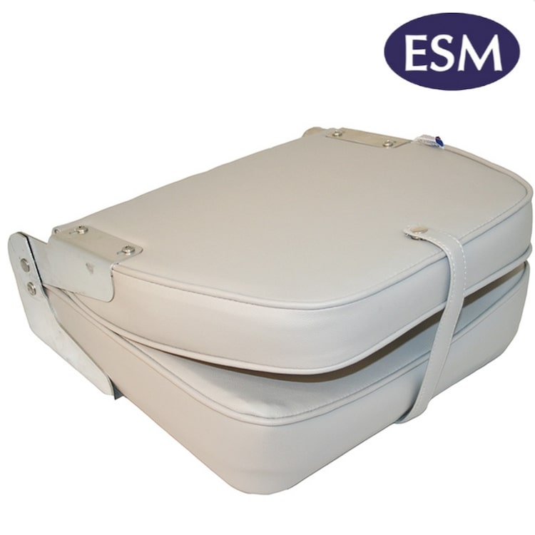 ESM boat seat Ensign folding upholstered boat seat light grey with grey piping in folded position - Escaping Outdoors