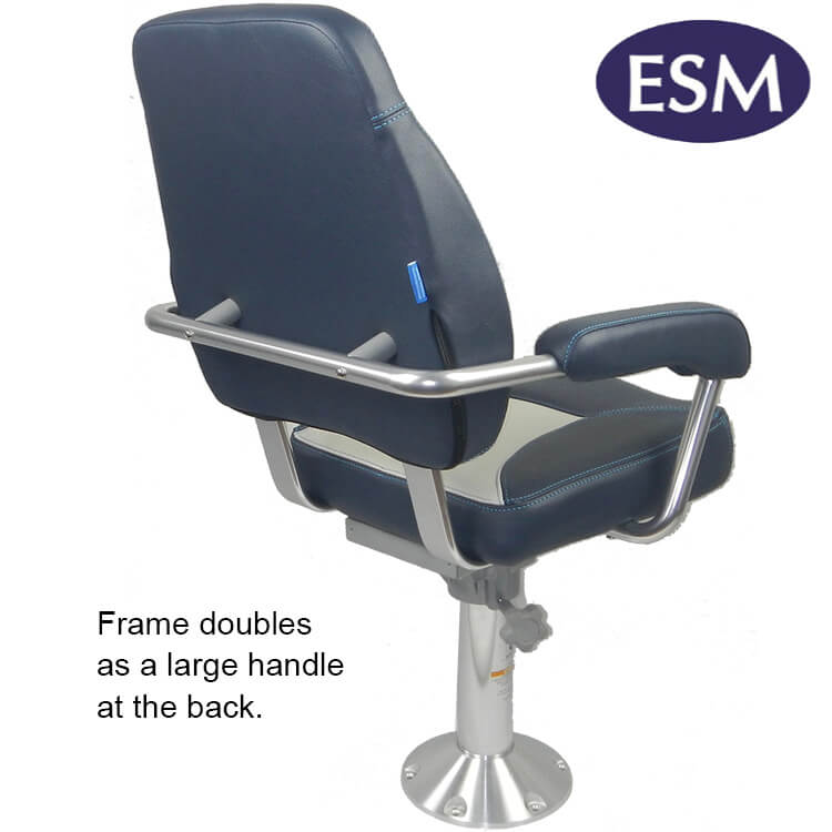 ESM mini mojo deluxe helm boat seat dark blue colour back of chair photo - Escaping-Outdoor