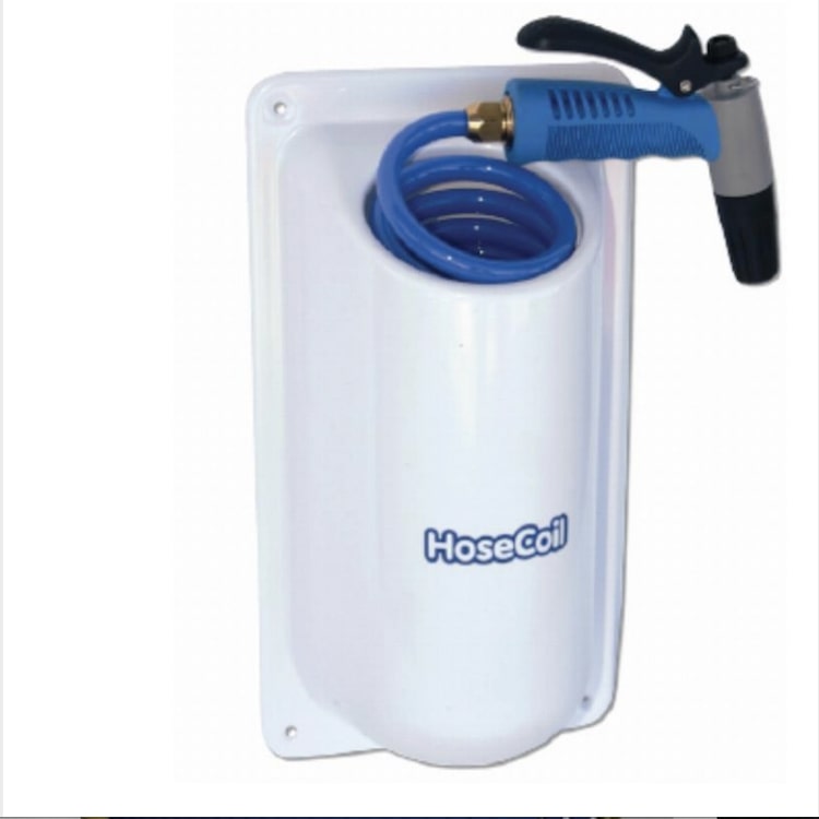Hosecoil deck wash side mount enclosure with hose and spray gun - Escaping Outdoors