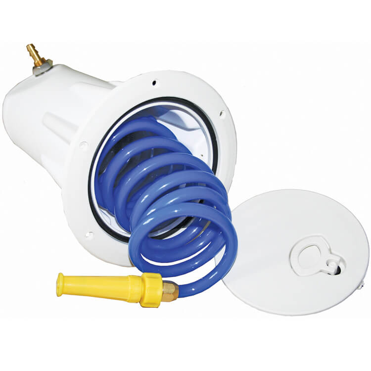 Hosecoil deck wash systems flush mount hatch enclosure with 7.5m hose and trigger - Escaping Outdoors
