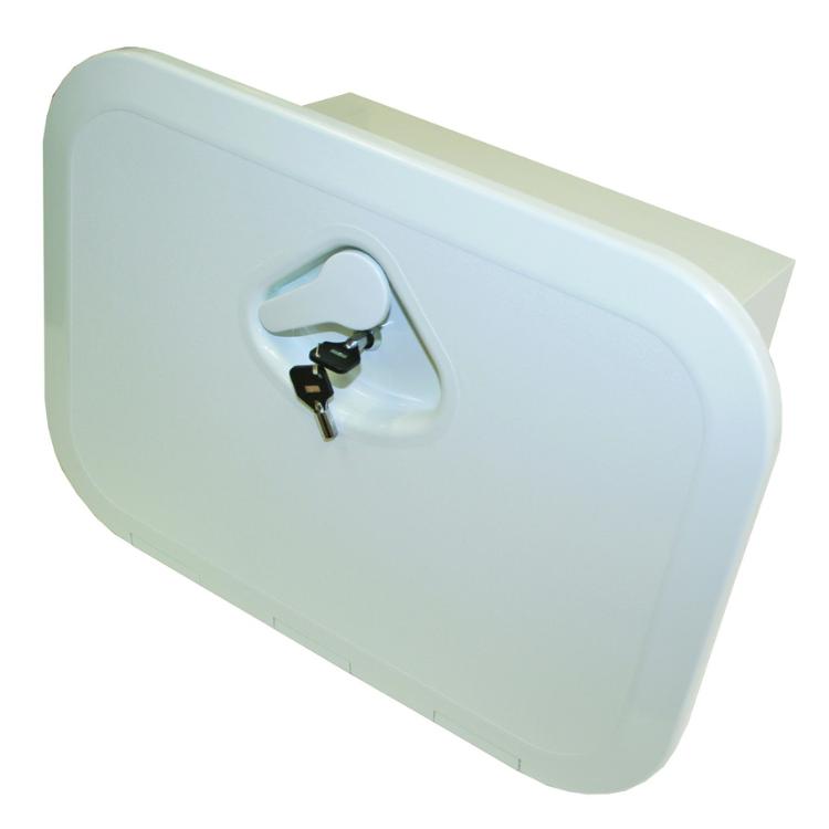 White storage box hatches with storage box and key lock