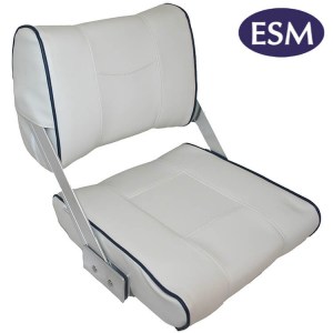 ESM boat seat flip back deluxe padded boat seat white blue piping - Escaping Outdoors